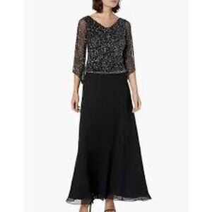 J kara Womens Long Beaded Dress With Cowl Neck Black/Gun/Mercury New With Tags S